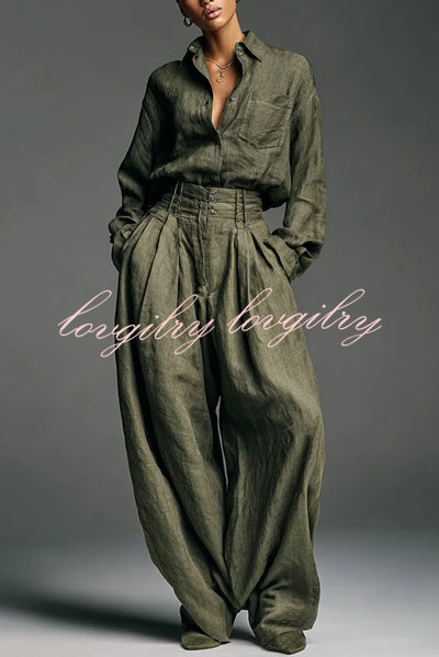 Linen Blend Lapel Long-sleeved Casual Shirt and High-waist Pocket Loose Wide-leg Pants Set