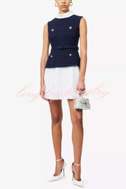 Sporty Elegance Tweed Metal Button Belted Pleated Hem Mini Dress