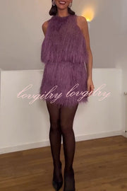 Flowing Elegance Layered Tassels Round Neck Sleeveless A-line Tank