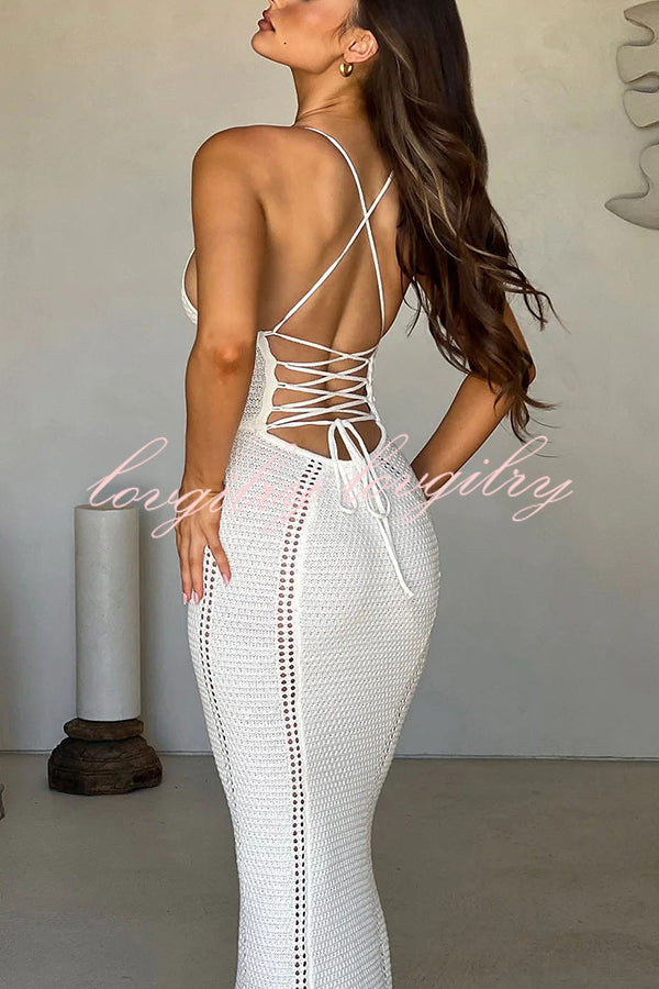 Warm Weather Favorite Knit Crochet Back Lace-up Stretch Maxi Dress