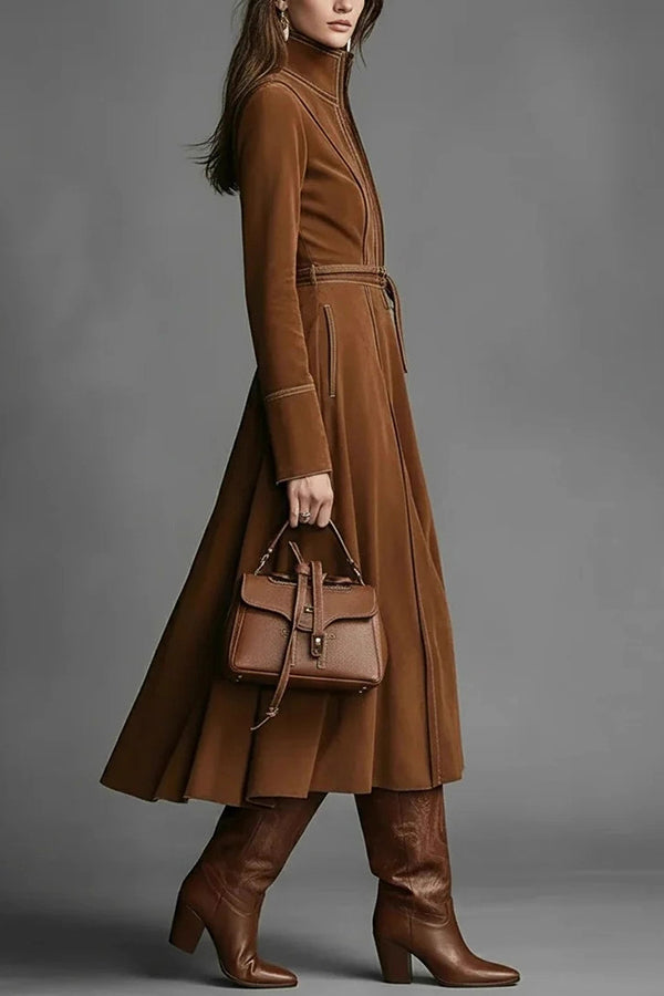 Stylish Suede Long-sleeved Fitted Waist Belted Midi Dress