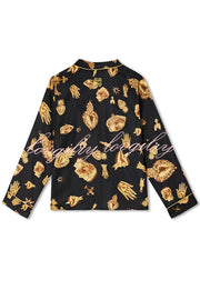 Golden Night Unique Print Color-block Trim Loose Shirt and Elastic Waist Pocketed Pajama Set