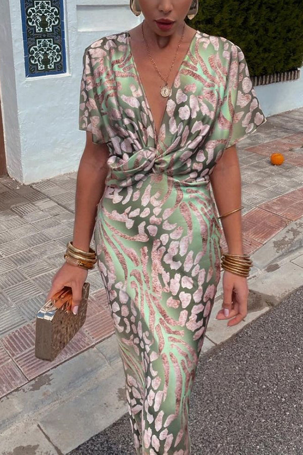 Unique Print V-neck Twist Front Maxi Dress