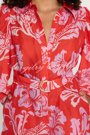 Linen Blend Botanical Print Lapel Puff Sleeve Loose Tie Casual Rompers