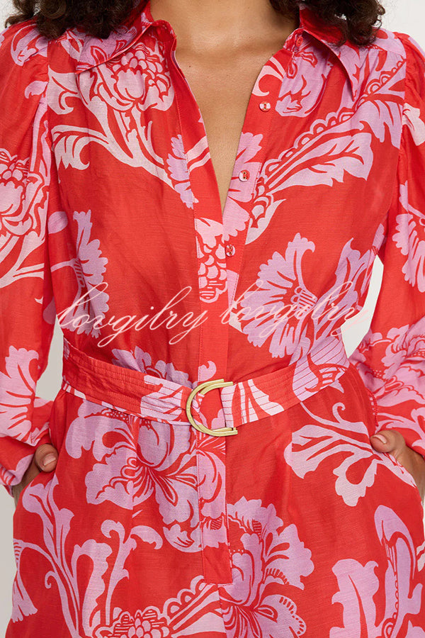 Linen Blend Botanical Print Lapel Puff Sleeve Loose Tie Casual Rompers