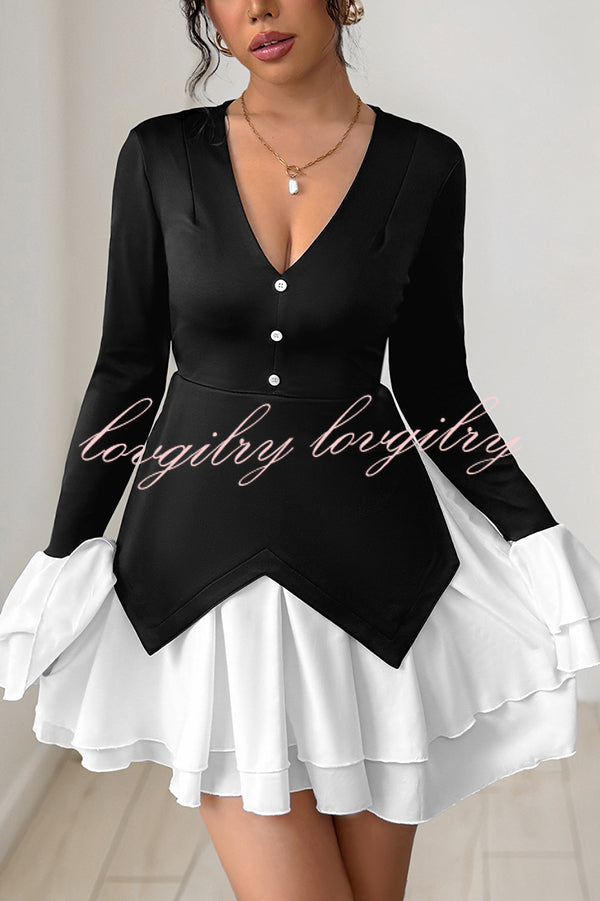 Fashionable Contrast Color Panel Long Sleeve Ruffled Mini Dress