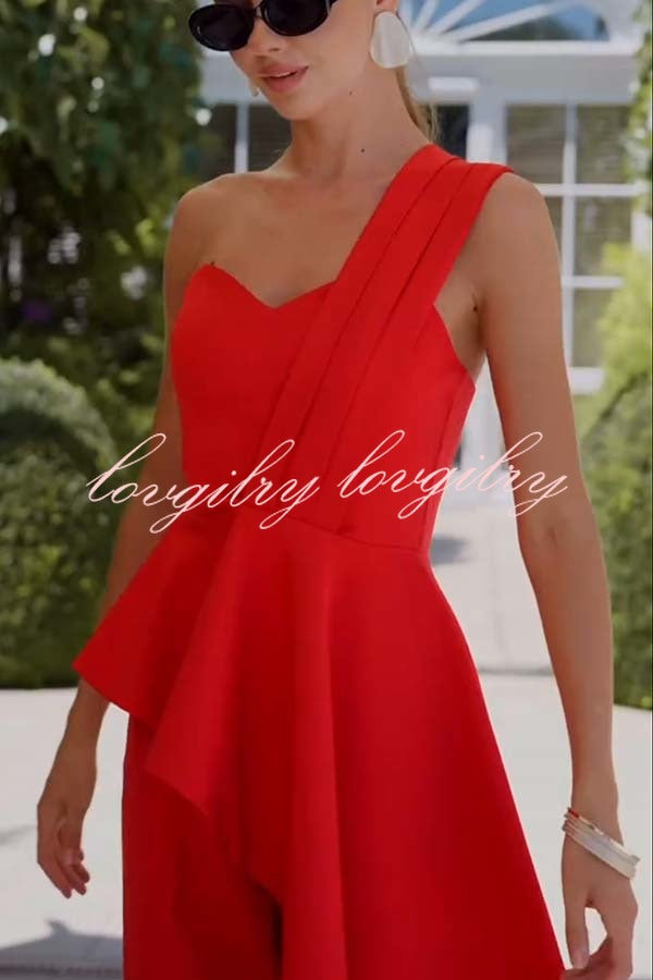 Amena One Shoulder Sweetheart Neck Ruffle Hem Top and Elastic Waist Pocket Wide Leg Pants Set