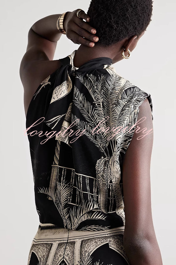 Satin Botanical Print Sleeveless Lounge Top and Midi Skirt Set