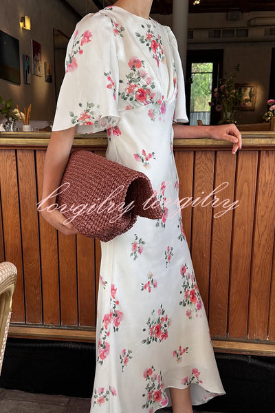 City Life Satin Floral Print Bell Sleeve Fitted Silhouette Maxi Dress