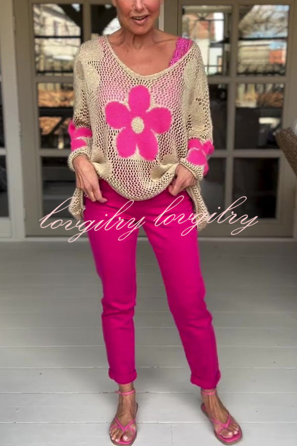 Embroidered Flower Hollow Holiday Knit Top