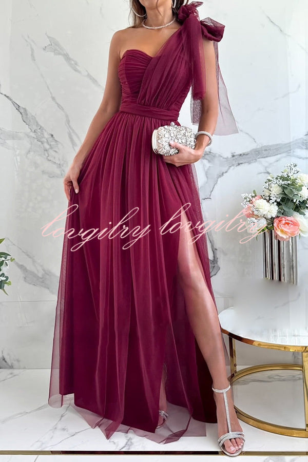 Feeling Galm Tulle Knotted One Shoulder Pleated Slit Maxi Dress