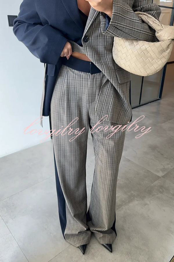 Nayla Plaid Contrast Color Belted Long Sleeve Lapel Blazer and Pocketed Wide Leg Pants Set