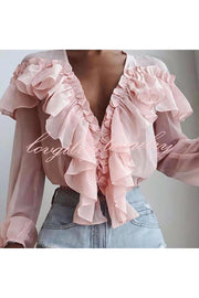 Spliced ruffled V Neck Pleated Long Sleeved Top