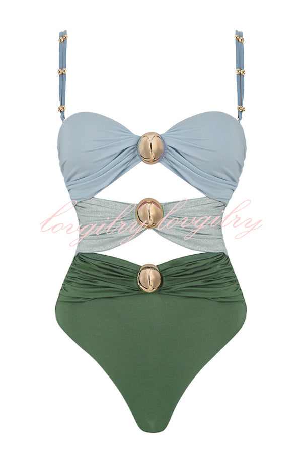 Color Block Patchwork Hollow Metal Decorative Stretch One-piece Swimsuit