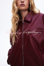 Fashion Lapel Long Sleeve Pocket Zipper Leather Jacket