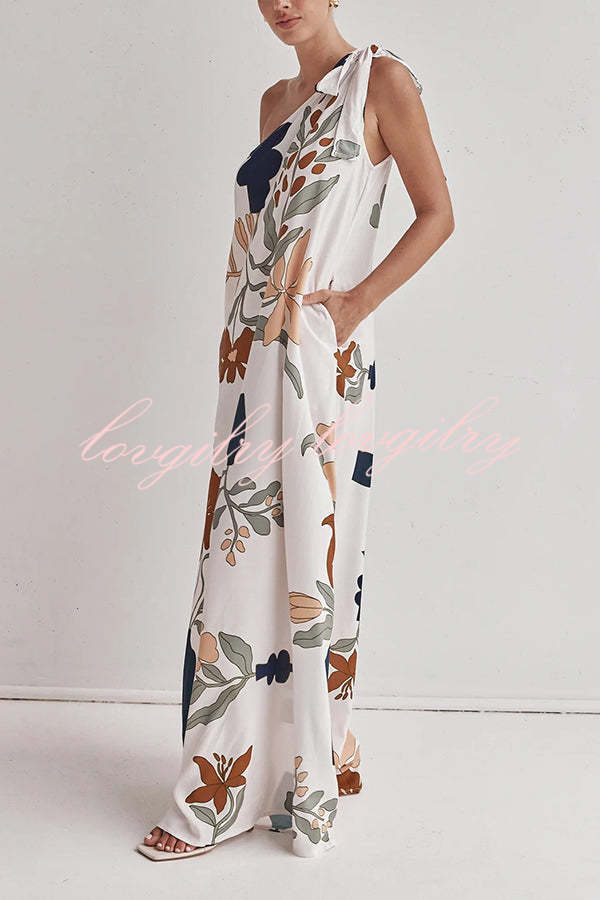 Matches The Vacation Unique Print One Shoulder Tie-up Pocketed Loose Maxi Dress