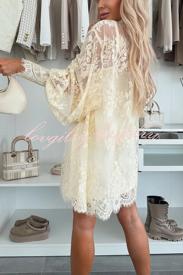 Night Rose Lace Bow Neck Long Balloon Sleeve A-line Mini Dress