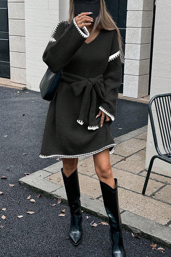Stylish Loose-fitting Long-sleeved Tie-waist Knit Mini Dress