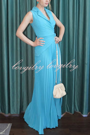 Solid Color Lapel Sleeveless Waist Tie Pleated Wide-leg Jumpsuit