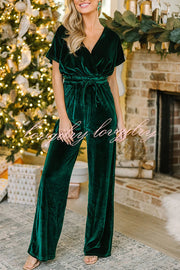 Holiday Star Velvet Lace Up Pocket Wide Leg Jumpsuit