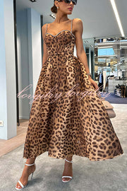 Unleash Your Wild Leopard Rhinestone Trim Back Smocked Midi Dress