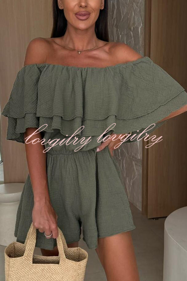 Solid Color Off-shoulder Ruffled Casual Waist Rompers