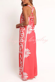 Unique Print Square Neck Open Back Tie Bow Holiday Maxi Dress