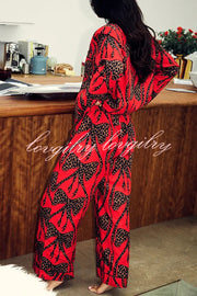 Stylish Colorblock Leopard Print Loose Shirt and Elastic Waist Pocketed Pajama Set