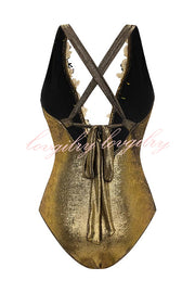 Solid Color Shiny Fabric Deep V Metal Embellished Stretch One-piece Swimsuit