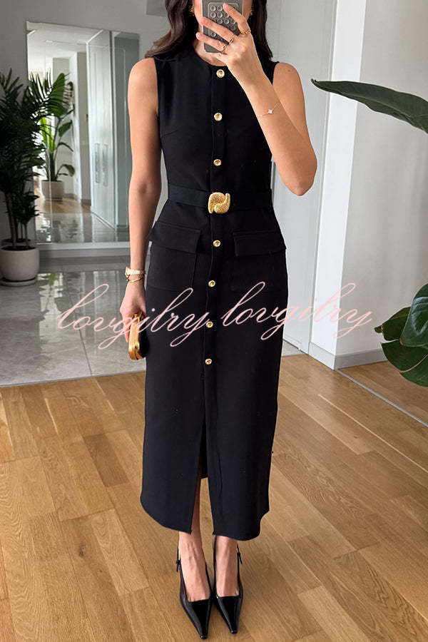 Danina Button Up Sleeveless Metal Belted Pocket Stretch Midi Dress