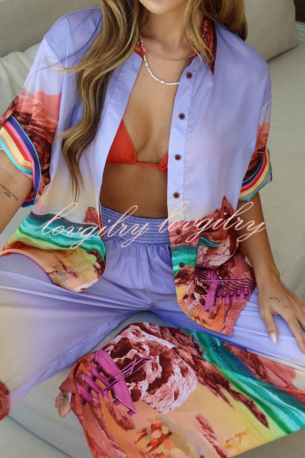 Lilac Sunrise Unique Print Short Sleeve Loose Shirt and Elastic Waist Pocket Pants Set