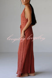 Resort Style V-neck Tie Pleated Casual Jumpsuit