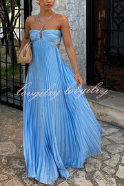 Caught Your Eye Satin Pleated Cross Straps Cutout Flowing Maxi Dress