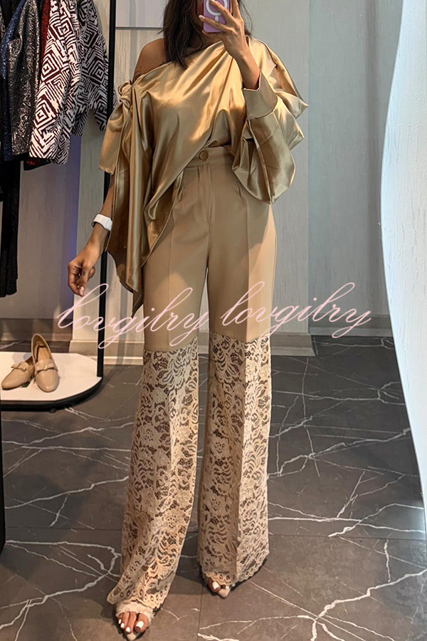 Chic Moment Satin Irregular Knot Slit Sleeve One Shoulder Loose Blouse