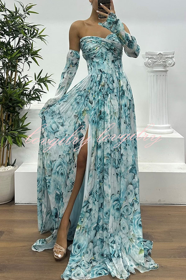 Reina Chiffon Floral Print Pleated Bodice Split Sleeve Strapless Slit Maxi Dress