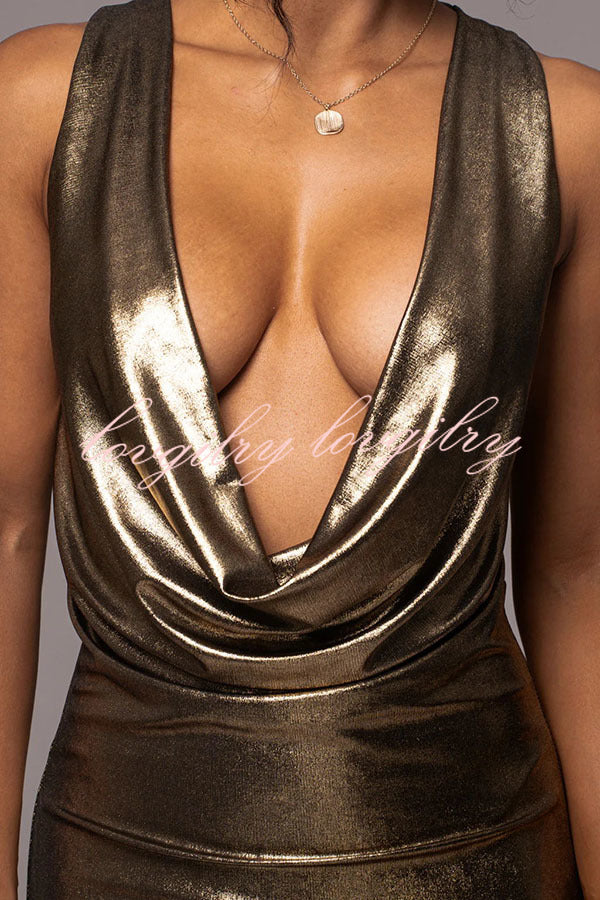 Metallic Fabric V Neck Pleated Backless Maxi Dress