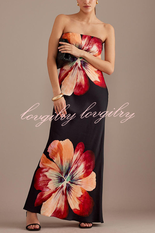 Charming Lady Satin Floral Print Bandeau Loose Maxi Dress