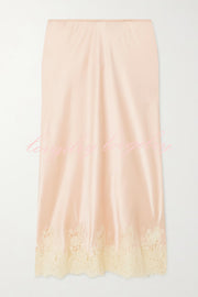 Celebration Look Contrast Color Satin Lace Trim Elastic Waist Drape Midi Skirt