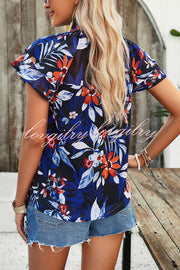 Floral Print Paneled Pleated Crew Neck Pullover Short Sleeved Top