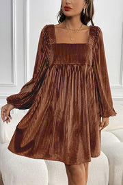 Solid Color Velvet Square Neck Long Sleeve Pocket Casual Mini Dress