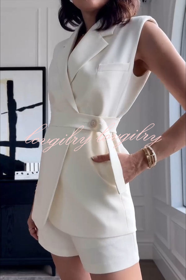 Luiza Detachable Button Belt Lapel Vest and High Rise Pocket Loose Shorts Set