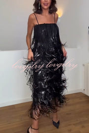 Chic Celebration Layered Sequined Tassels Slip Strapless H-line Midi Dress