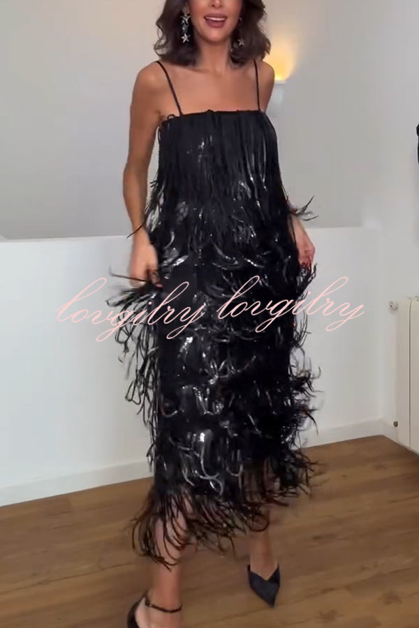 Chic Celebration Layered Sequined Tassels Slip Strapless H-line Midi Dress