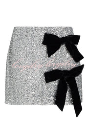 Holiday Party Sequin Velvet Bow Detail High Rise Stretch Mini Skirt