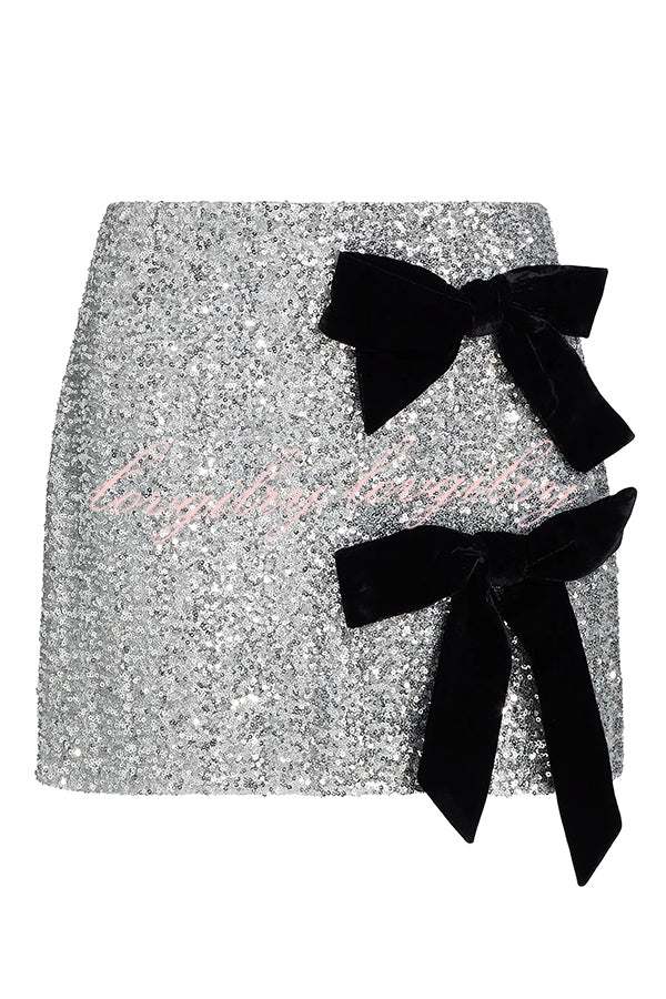 Holiday Party Sequin Velvet Bow Detail High Rise Stretch Mini Skirt