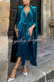 Elisabeth Luxurious Velvet Padded Shoulders Long Sleeve Twist Waist Drape Midi Dress