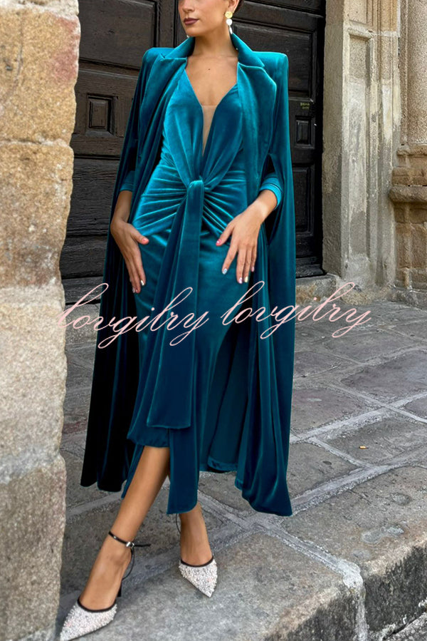 Elisabeth Luxurious Velvet Padded Shoulders Long Sleeve Twist Waist Drape Midi Dress