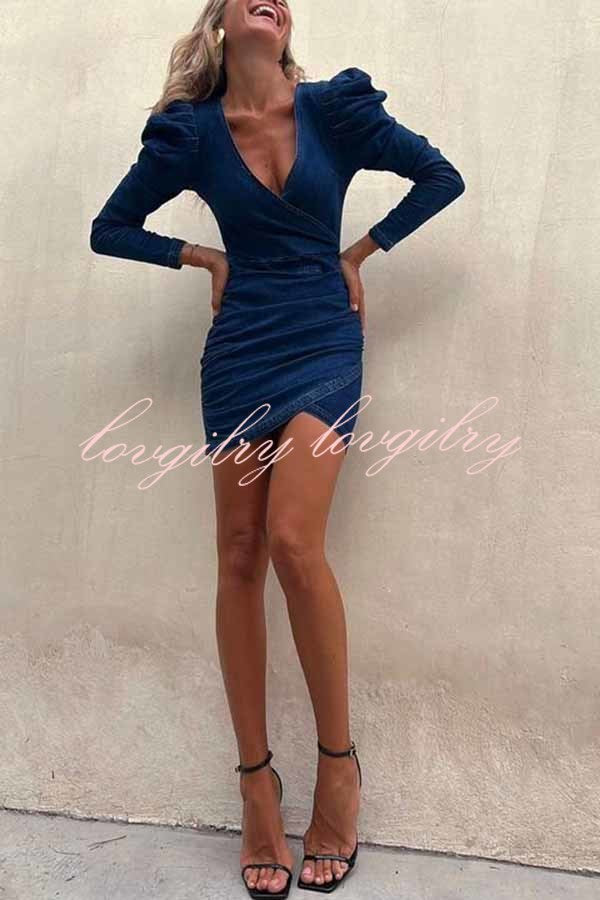 All The Best Denim Puff Sleeve Ruched Stretch Mini Dress