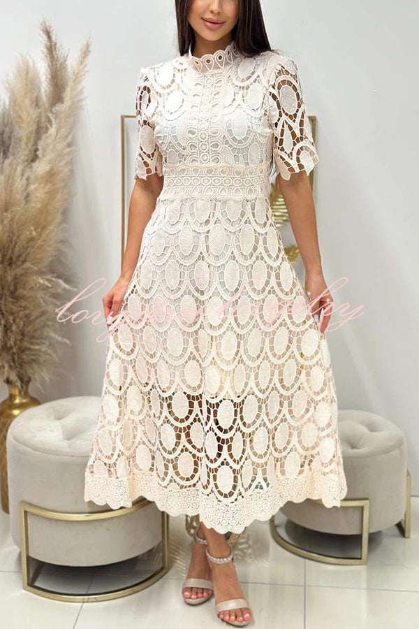 Elegant Crocheted Cutout Lace Short-sleeved Stand-collar Midi Dress