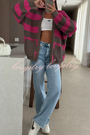 Fashionable Patchwork Striped Casual Pocket Knitted Sweater